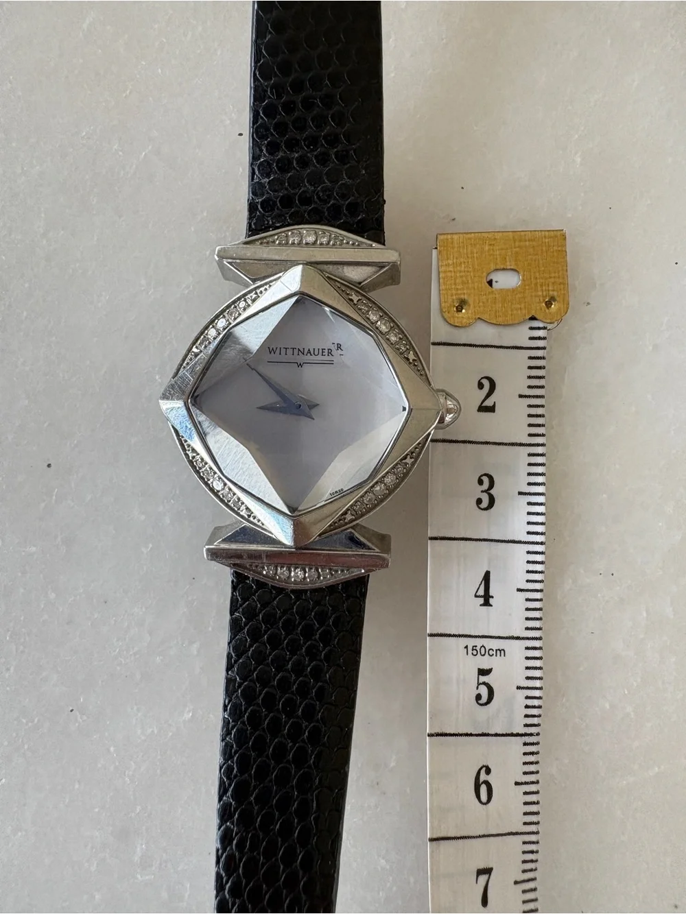 Wittnauer Silver Geometric Case Watch with Crystals and Black Leather Strap